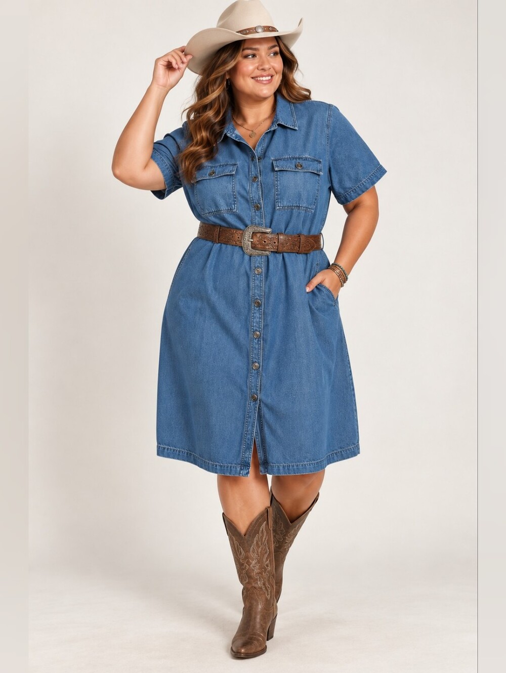 Women’s Plus Size Denim Button-Front Shirt Dress, Casual, Modern Western Cowgirl
